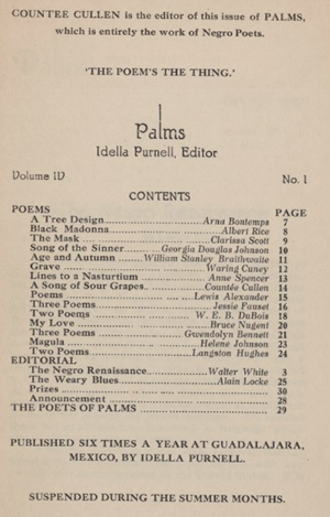 Indice del monográfico poesía afroestadounidense en Palms (1926)