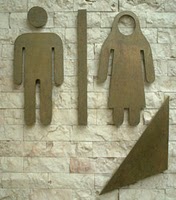the male figure is standard but the female figures silhouette extends over her head to imply a hijab